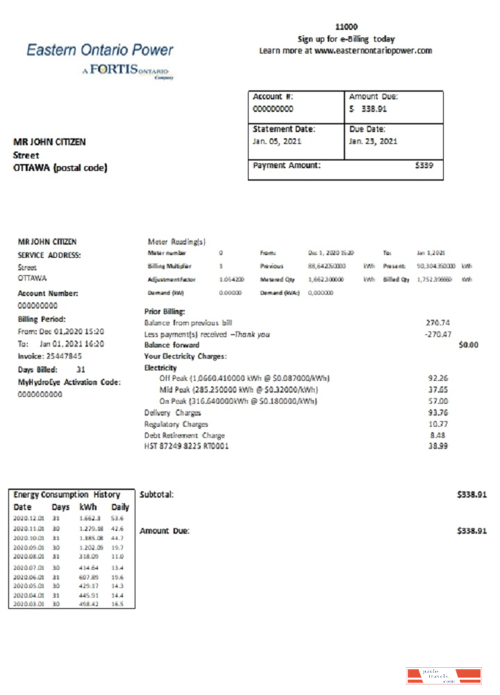 Canada Eastern Ontario Power utility bill